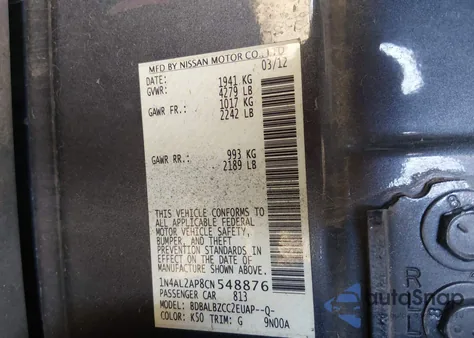 2012 Nissan Altima 2.5/2.5 S from USA, damaged, VIN 1N4AL2AP9CNS48876